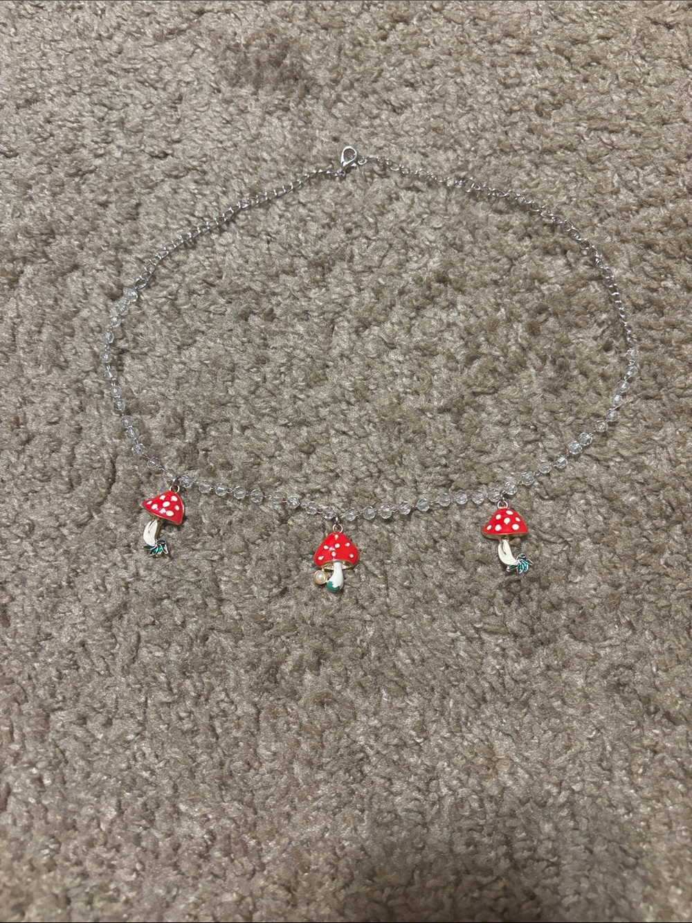 Silver Crystal Necklace with Red Mushroom Charms